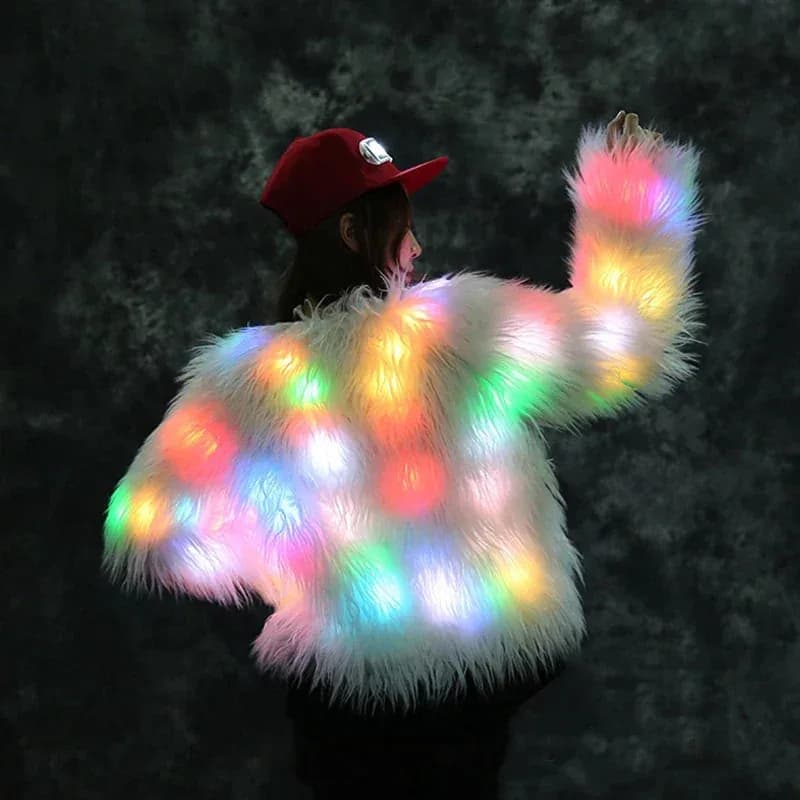 Vrouwen Nepbont LED Licht Jas Kerst Cosplay kostuums Pluizige Bont jas Uitloper Winter Warm Festival Party Club Overhat ged