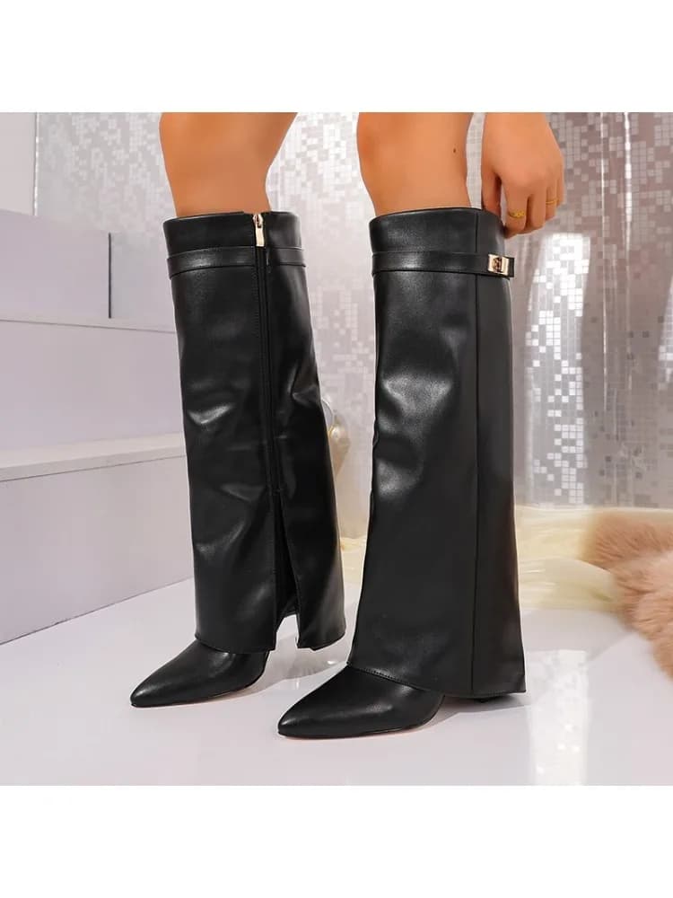 Zwart Pu Lederen Knie Hoge Laarzen Vrouwen Sexy Puntschoen Rechte Been Laarzen Vrouw Punk Stijl Wig Hoge Hakken Lange Botas Mujer
