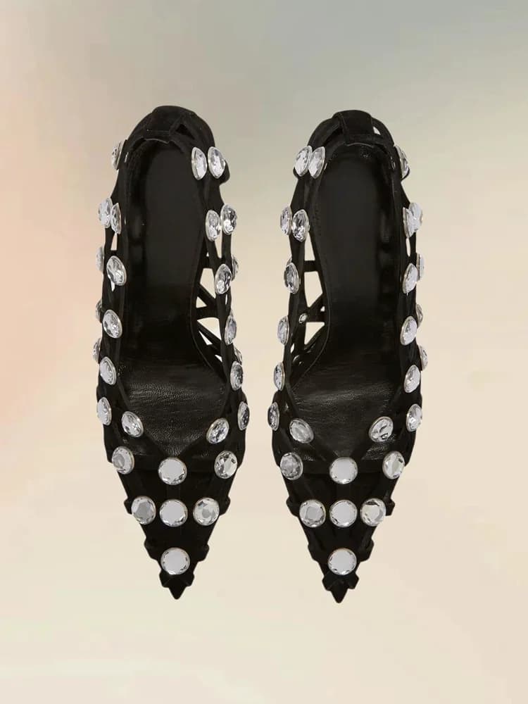 Kristal Decor Zwart Holle Ontwerp Runway Pompen Slip Op Vrouwen Schoenen Dunne Hoge Hakken Puntschoen Banket 2024 Zapatos Para Mujere