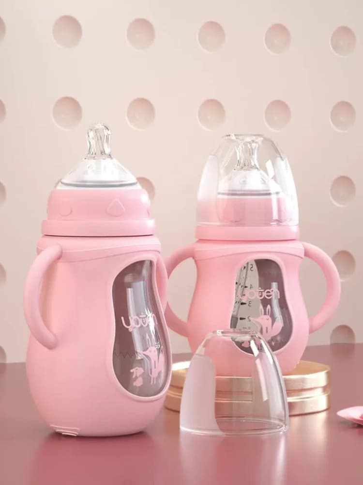 Glazen babyfles met brede hals, siliconen hoes en anti-koliek stro-tepel – BPA-vrije voedingsset voor pasgeborenen voor het spenen van overgangen