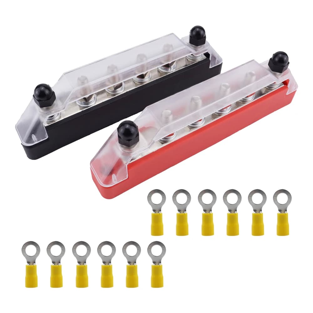 150A 12V busbar Marine 12V - 48V stroomverdeelblok met deksel en 6 x 1/4 inch (M6) paal, batterij 12V busbar en ringterminals