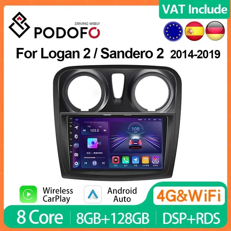 Podofo 8G + 128G CarPlay Voor Renault Logan 2 Sandero 2 2012-2019 Android Autoradio 4G Multimedia Speler 2din Head Unit HFI Stereo