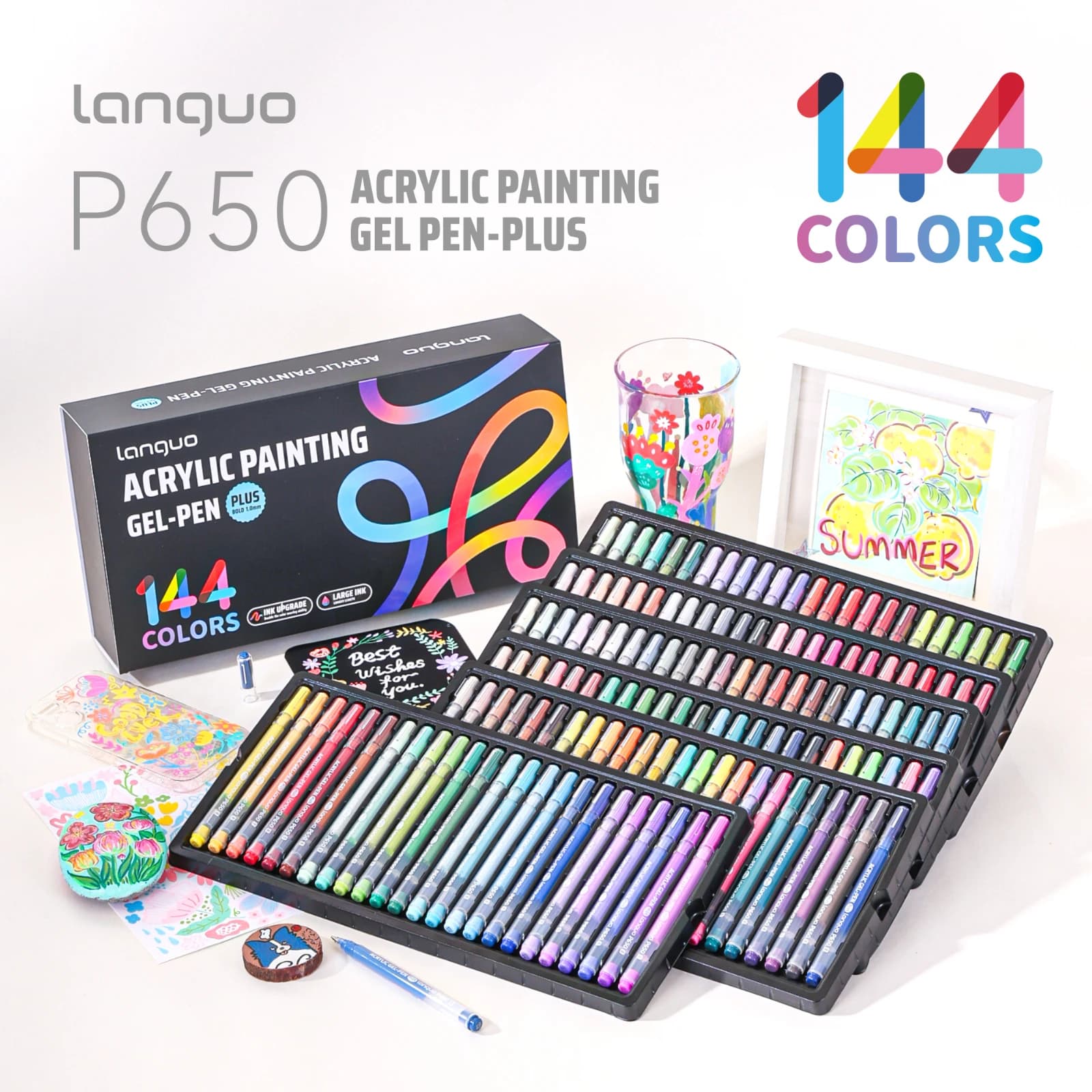 Languo 144 Kleuren Gel Pen Set 1.0mm Fijne Punt Journal Pen Plus Kleurrijke Fluorescerende Gelpen voor Doodling, Handschrift, Waterverf, Grote