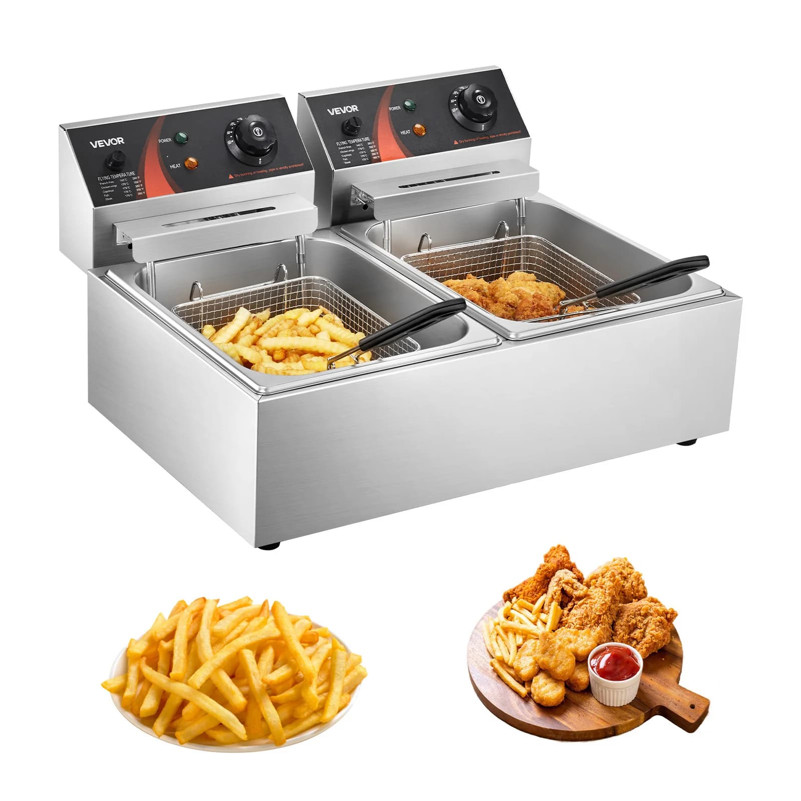 SucceBuy 12L elektrische friteuses Dubbele tanks voor fastfoodrestaurant of campingpicknick Gebakken kip Frituurchips Frieten