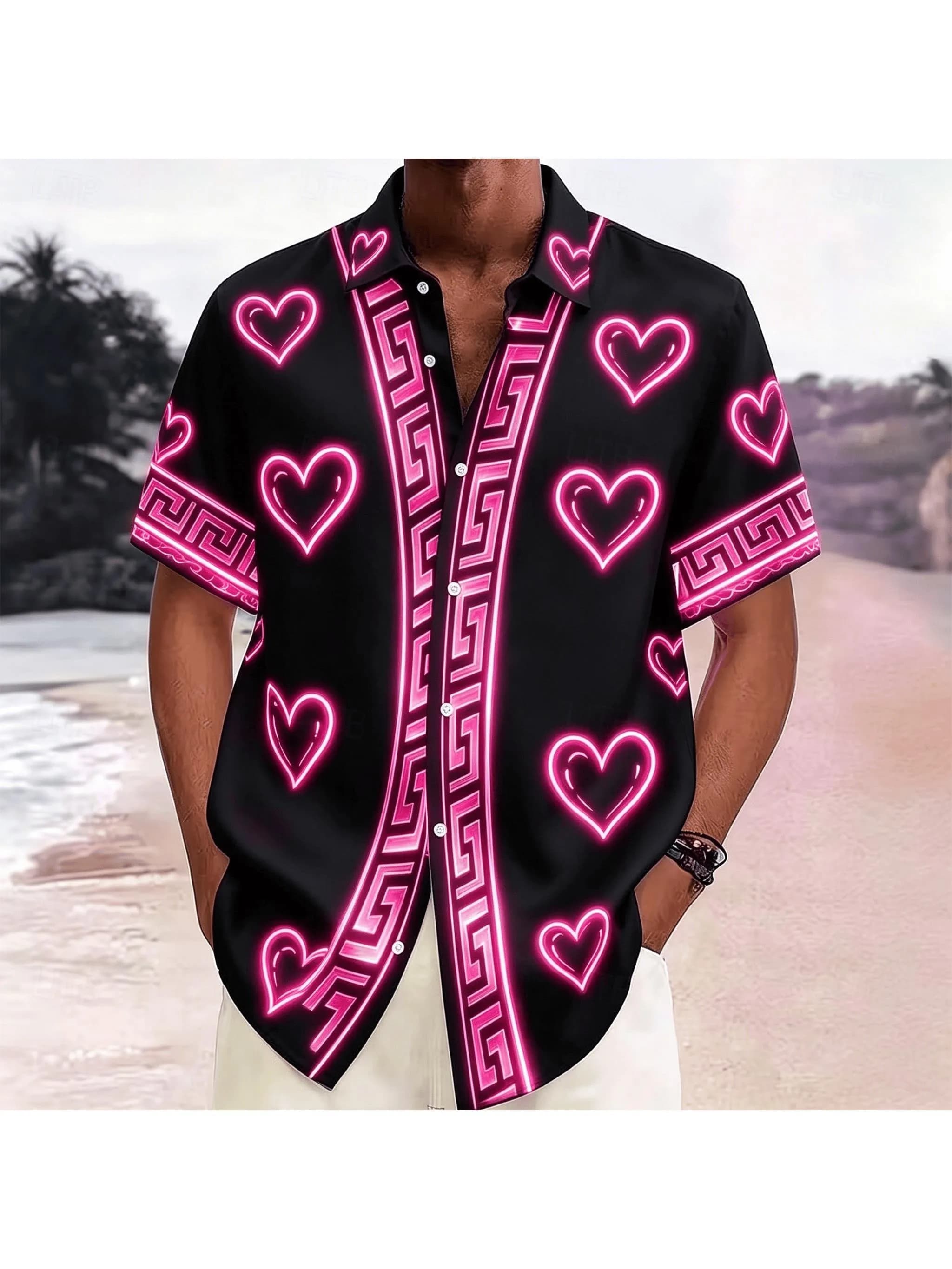 Herenshirt met neonroze hartjes & Griekse sleutelprint, zwart, casual, korte mouwen, voor de zomer