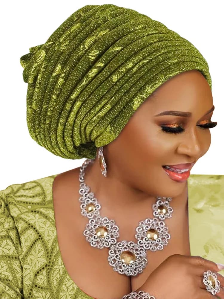 Nigeriaanse Bruiloft Hoofddeksels Glitter Tulband Cap Vrouwen Geplooide Hoofddoek Hijab Motorkap Afrikaanse Auto Gele Headties Hoofd Wrap Hoofddeksels