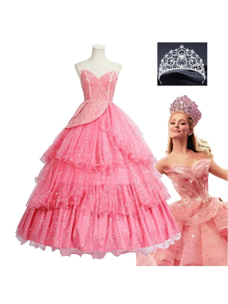 Glinda De Goede Heks Cosplay Kostuum Prinses Roze Gelaagde Jurk Vrouwen Glitter Fancy Baljurk Kroon Set Carnaval Party Outfit