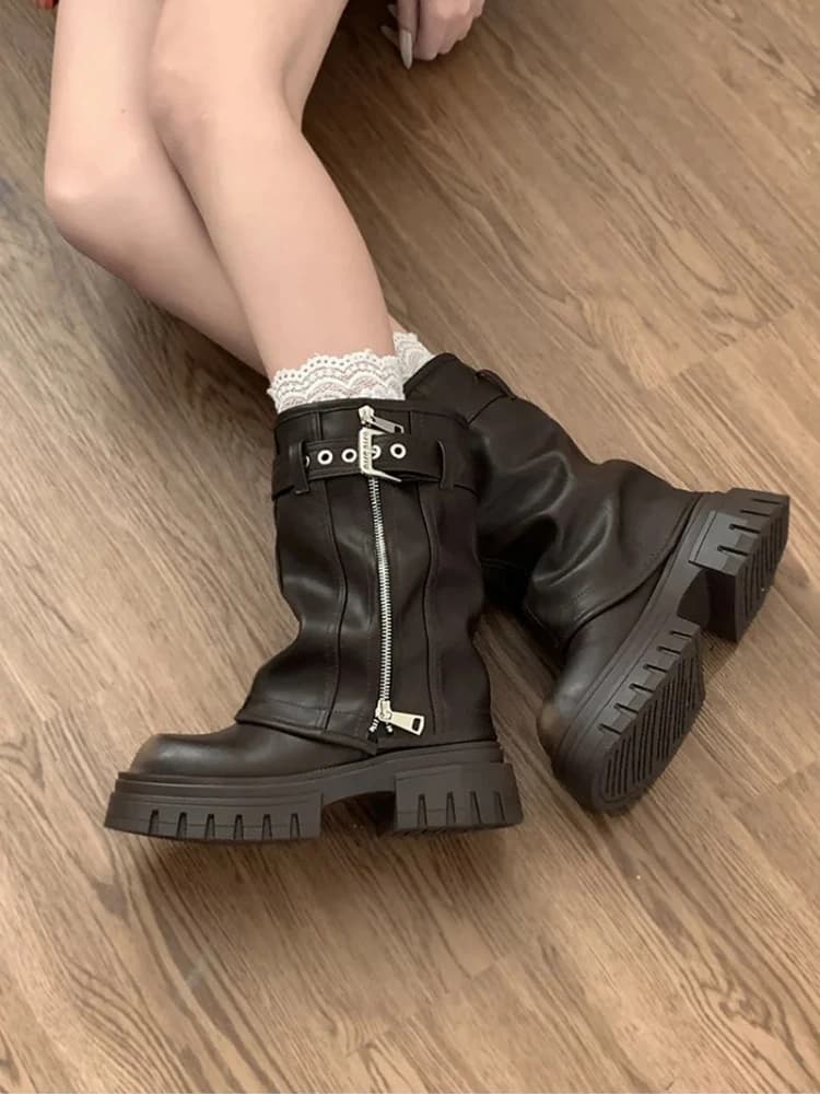 Winter Vrouwen Biker Laarzen Mode Riem Gesp Dames Elegante Platform Flats Korte Laarsjes Casual Vrouwen Ridder Laarsjes 2026 Nieuwe
