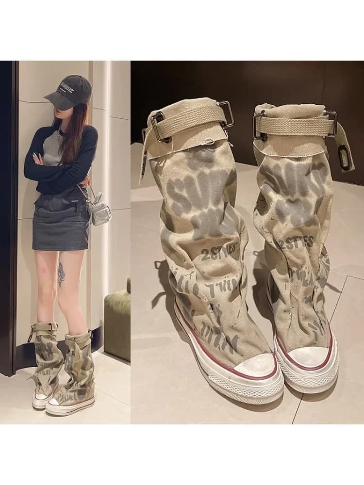 Dames Lente Graffiti Hoge Canvas Laarzen Ronde Kop Midden Volg Antislip Laarzen Dames Vrije tijd Mode Rubberen Zool Botas Mujer