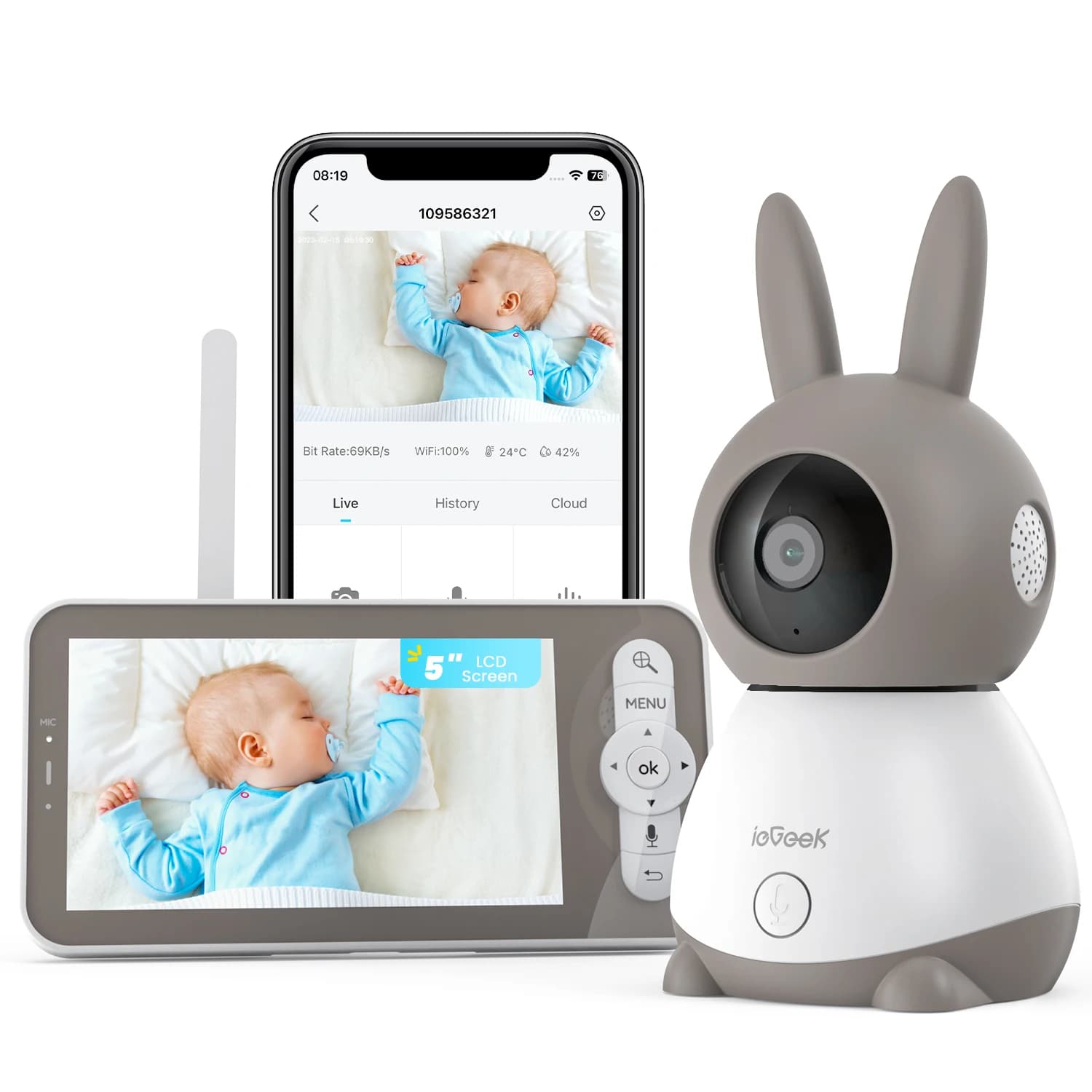 ieGeek 5" 2K/3MP babybewakingscamera, 360 °   PTZ-babyfoon met camera en preview met dubbel scherm, bewegingsdetectie