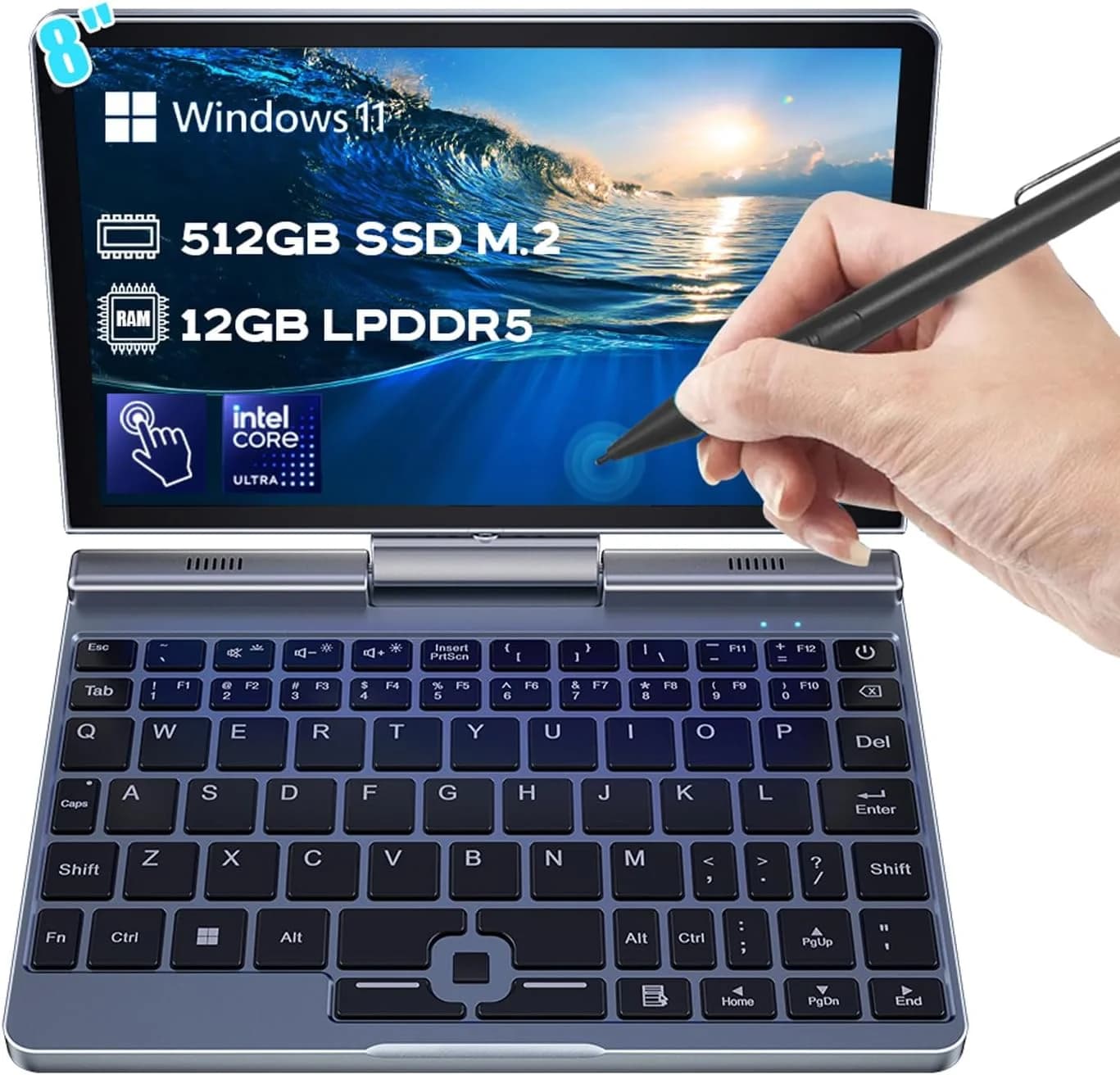 P8 8 Inch 2-in-1 Touch Laptop Intel 12e generatie N150 4-core 12GB RAM 512GB SSD Windows 11 Draagbare Mini Gaming Notebook