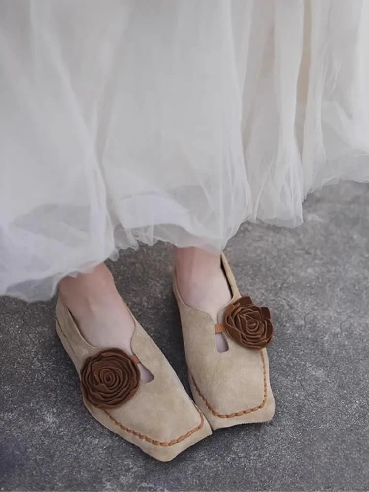 Autosteek platte schoenen dames lente en herfst nieuwe retro niche bloem vierkante neus diepe mond zachte zool enkele schoenen