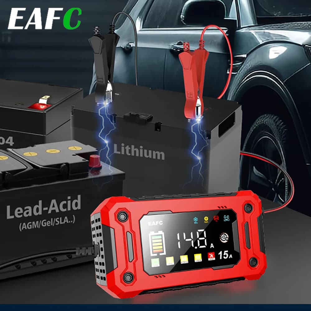 EAFC 12V 15A Auto-acculader met groot scherm, pulsreparatie-oplader voor auto, motor, SUV, lithium, AGM, loodzuur, GEL, LCD-display