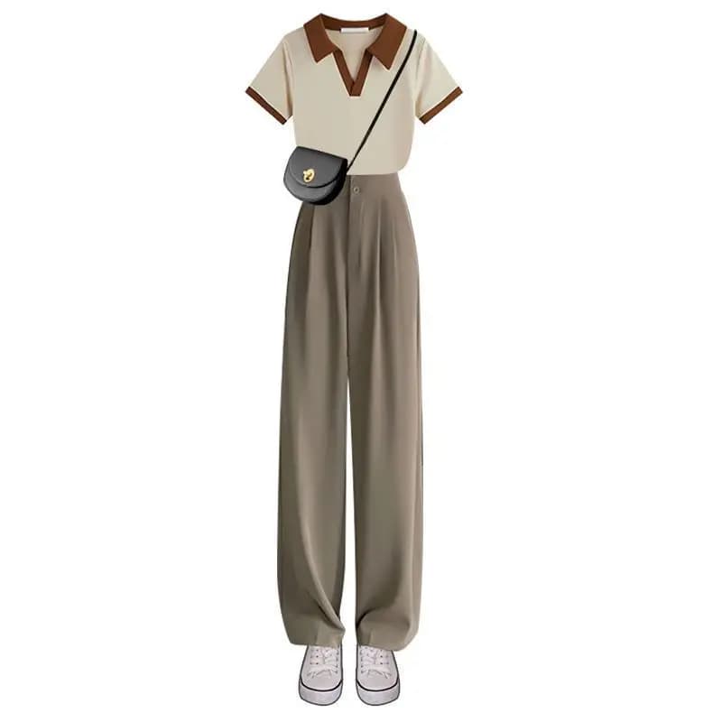 Vrouwen Zomer Trainingspak Koreaanse Chic Elegante Korte Mouw T-shirt + Sport Wijde Pijpen Broek Twee Stuk Vrouwelijke Nieuw In bijpassende Set