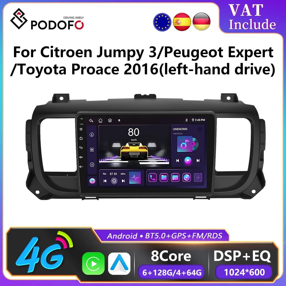Podofo 6 + 128G CarPlay Android Auto Autoradio Voor Citroen Jumpy 3/Peugeot Expert/Toyota Proace 2016 (LHD) Multimedia Speler GPS