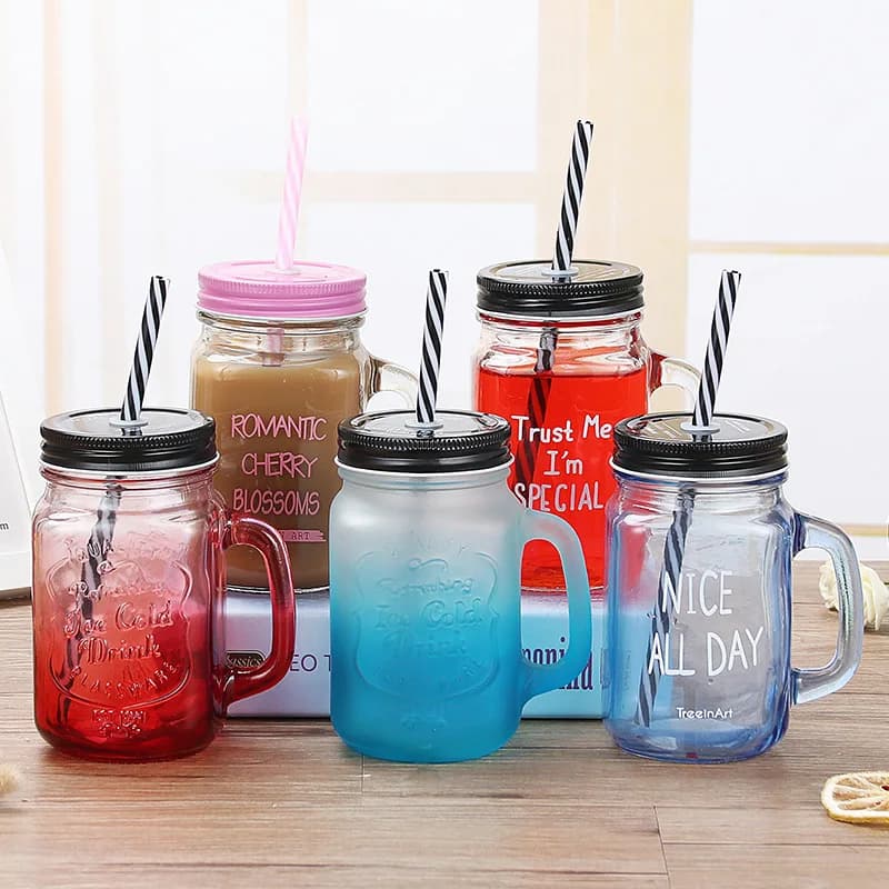 Kleurrijke Glazen Bekers Helder Glas Water Cup Gradiënt Transparante Dop Stro Koude Drank Handvat Metselaar Beker Met Deksel Drinkwaren Bekers