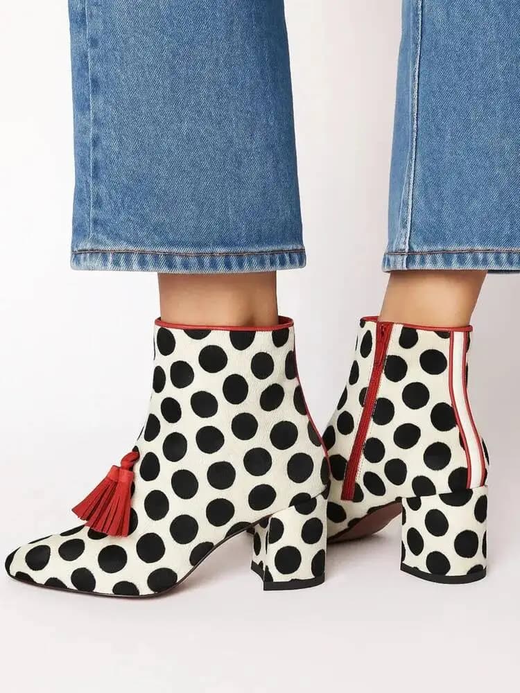 Polka Dot Patroon Kwastje Puntschoen Dikke hak Dames enkellaarsjes 2025, nieuwe mode laarzen schoenen