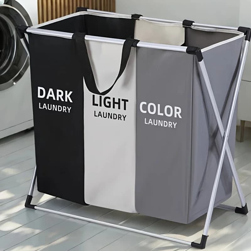 Wasmand, grote wasmand met 3 compartimenten, waszakorganizer voor vuile kleding; essentiële artikelen voor studentenkamers, handdoekenorganisatie en