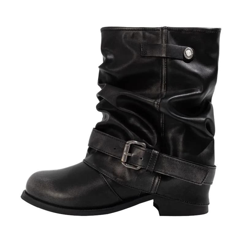Western Cowboy Laarzen Vrouwen Herfst Nieuwe Ronde Neus Metalen Gesp Geplooide Stack Vintage Blokhak Shortho Laarzen