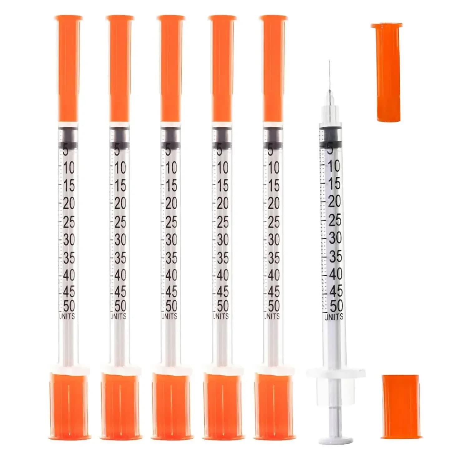 100 stuks 1ml/0.5mlcc verschillende maten steriele oranje insuline spuiten, individueel verpakt, voor het voeren van huisdieren...