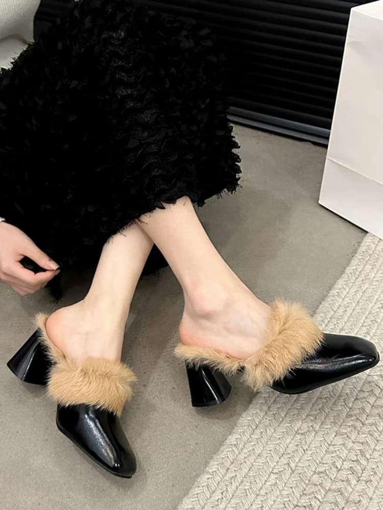Damespantoffels Winter Nieuwe hoge hakken Vierkante kop Wol Luipaard Katoen Drag Stijlvol Comfort Voeg huispantoffels toe