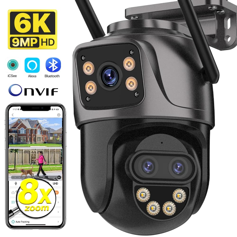 IP-camera 6K 9MP HD WiFi Buitencamera 8x zoom Drie lenzen Dubbel scherm Home Security PTZ-camera 6MP Videobewaking iCSee