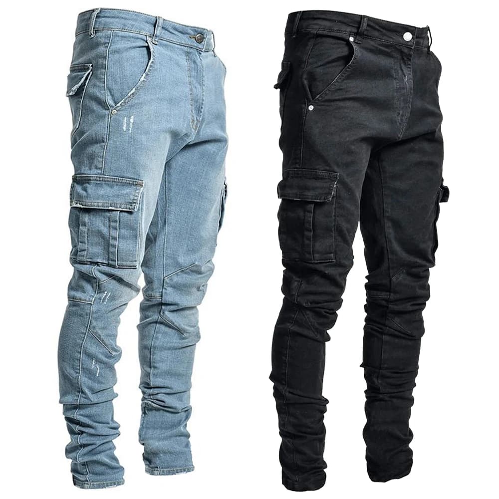 Straat elastische jeans heren denim cargobroek wassen effen kleur multi-zakken casual mid-taille broek slim fit dagelijkse slijtage joggers