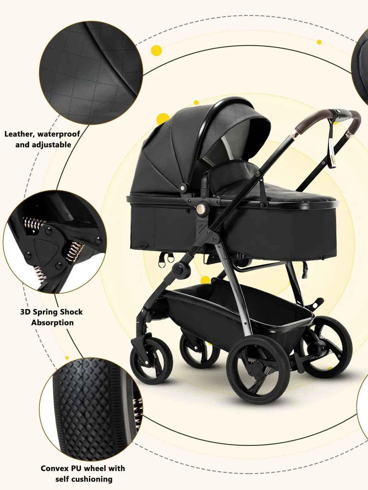 3-in-1 Babywandelwagen, draagbare luxe reisbuggy, hoge kinderwagen voor pasgeborenen met baby draagzak van PU leer
