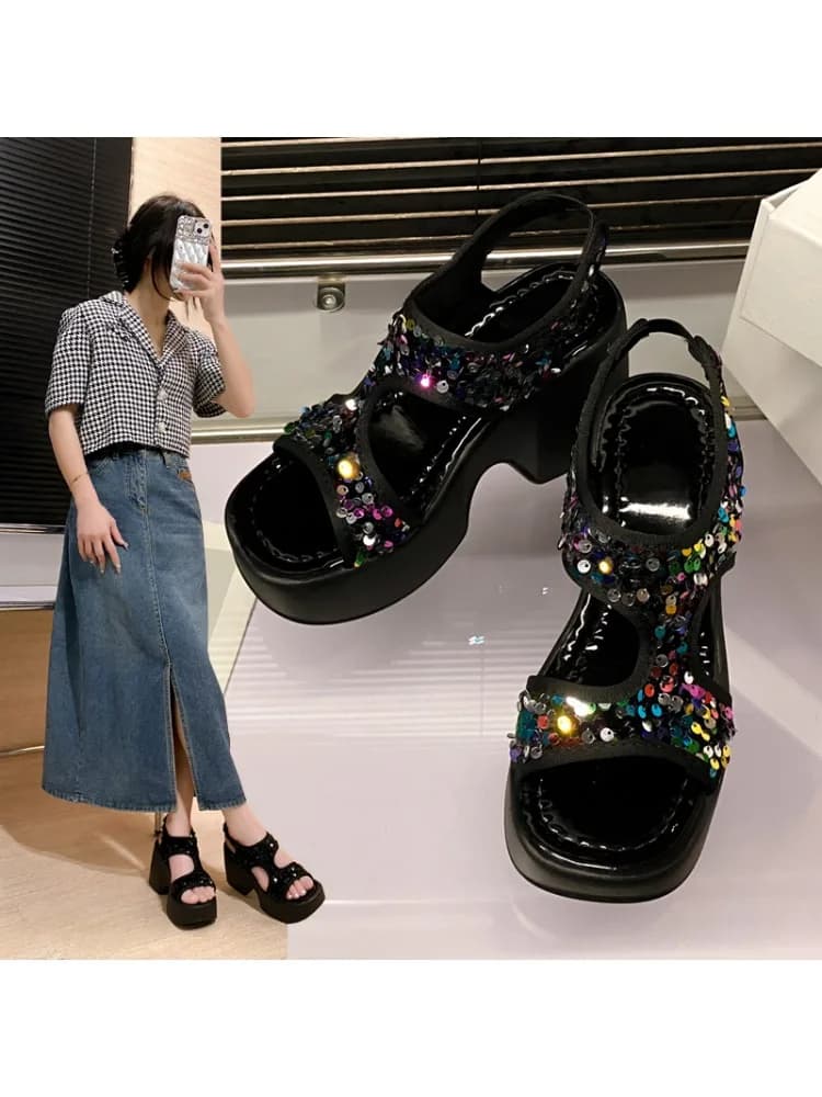 2022 Zomer Klassiekers Vrouwen Vierkante Teen Sandalen Platform Bling Gesp Mode Jurk Hoge Dikke Hakken Sandalen Zapatos