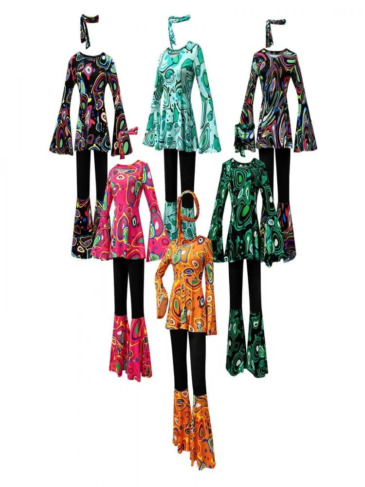 Vrouwen outfits jaren 60 70 hippie kostuumset disco outfit jurk boho wijde broek hippie shirt hoofdband