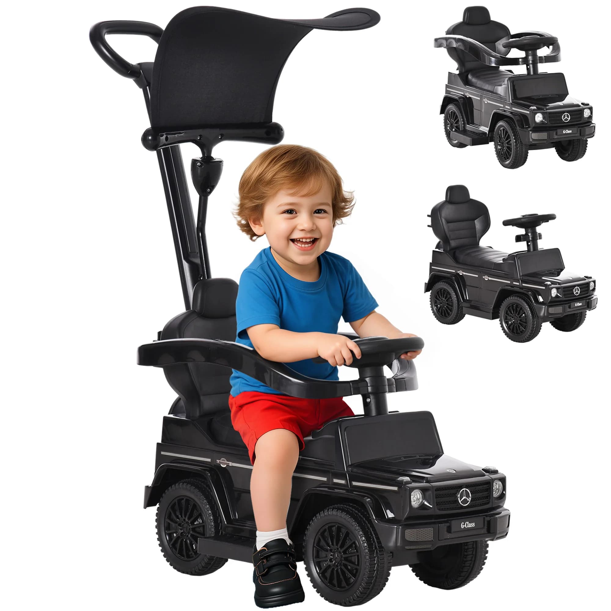 HOMCOM kinderwagen kinderauto multi-uitgerust 12-36 maanden met voetsteun, vangrail en zwarte kap