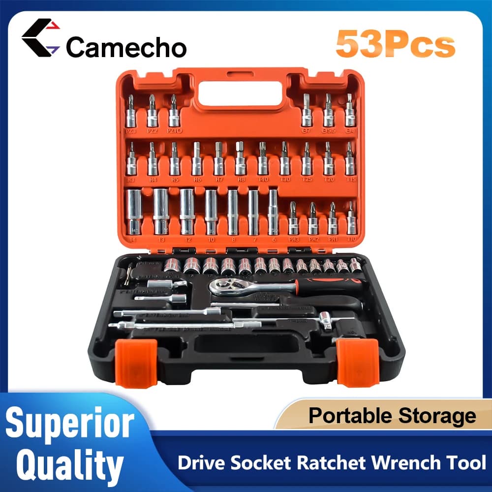 Camecho 53 Stks/set 1/4-Inch Auto Reparatie Tool Kit Dopset Auto Reparatie Tool Ratel Sleutel Combo Auto Reparatie Gereedschapset