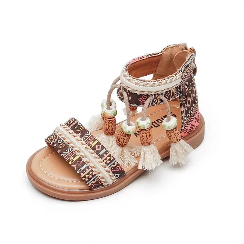 Meisjes Prinses Sandalen Gladiator Etnische Nationale Zoete Kwastjes Kids Platte Open Tenen Kinderen Strand Sandalen 2024 Zomer Nieuw 23-36