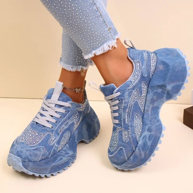 Herfst 2025, nieuwe zware industrie denim strass platform casual damessneakers