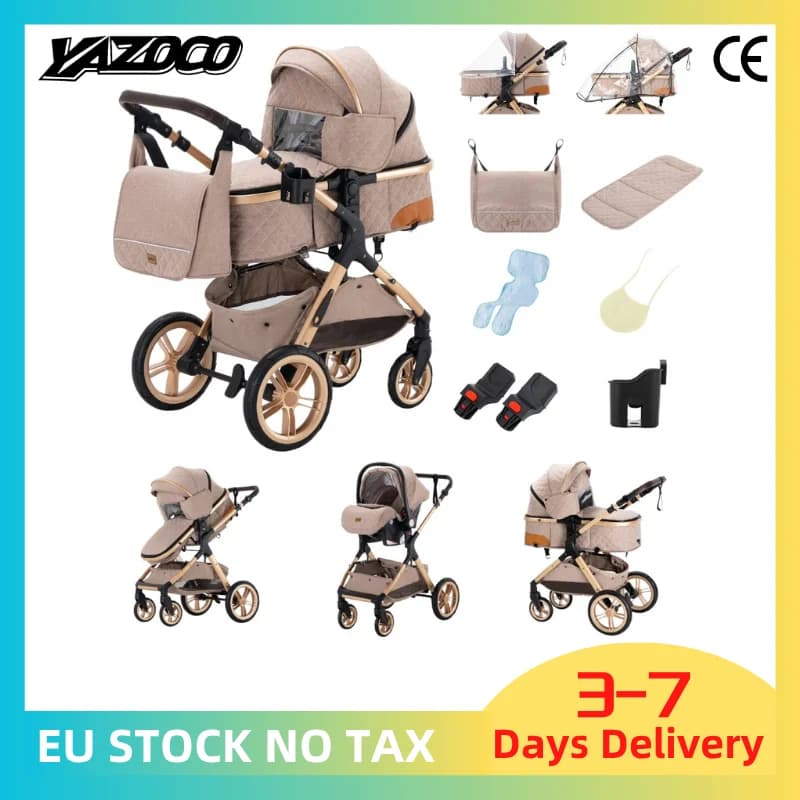 3-in-1 Multifunctionele Elegante Babywandelwagen 2026 Nieuw, Eenvoudig Opvouwbare Reisbuggy met Babyautostoel, EU Gecertificeerd Gratis Verzending