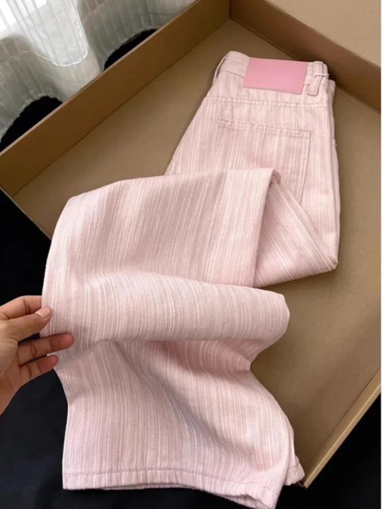 2025 Zomer Dunne Hoge Taille Rechte Pijpen Wijde Pijpen Broek Dames Denim Jeans Vloerlengte Casual Roze Broek Lange Broek Vrouwelijke