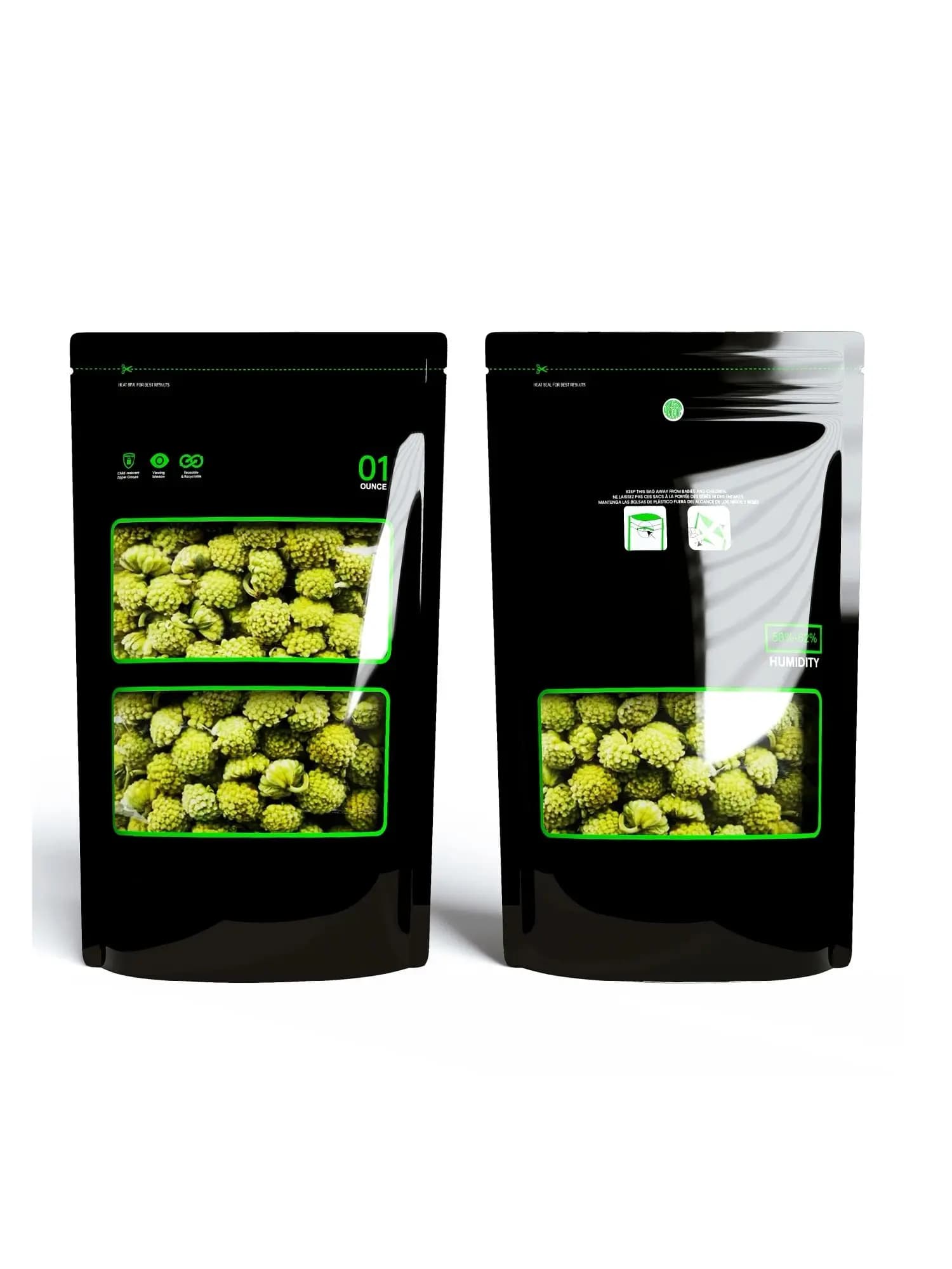 1/8 Ounce~1 Pond Slot & Seal Opslag & Uithardingszakken 58%-62% RH Terp Teeltzakjes Hitteafsluitbaar Kindbestendig