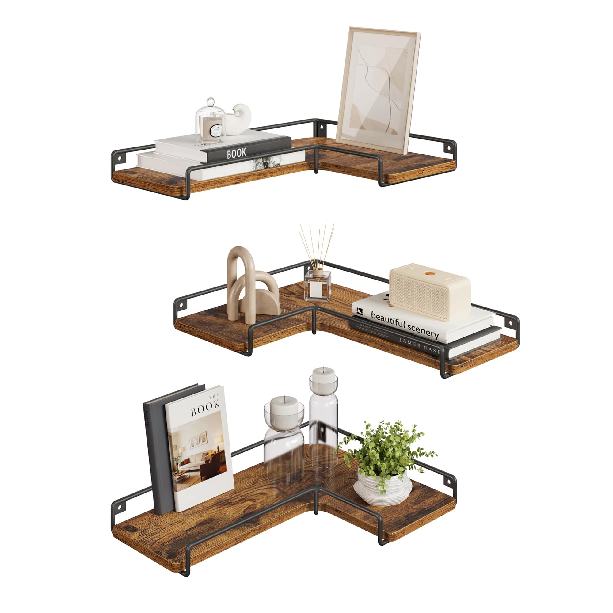 VASAGLE L-vormige hoekplank set van 3 wandplanken woonkamer slaapkamer keuken Bruin