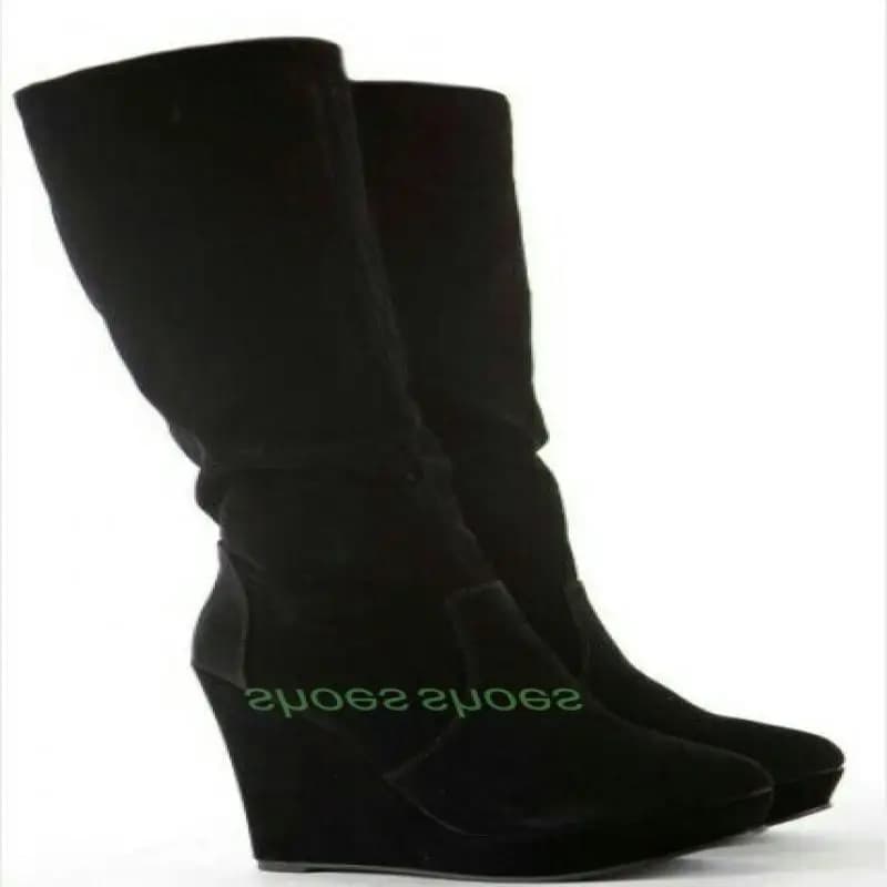 Dame Suède Veterschoenen Retro Herfst Platform Knielaarzen Sleehak Suède Donkerbruine Gesp Vetersluiting Rits Schoeisel Maat 34-46
