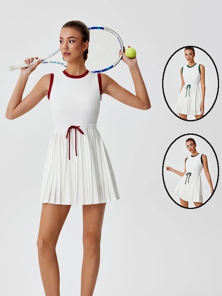 Sport Nieuwe Tennisjurk Dames Mouwloos Vest Jurken Trekkoord Geplooide Rok Set Elastische Contrasterende Kleur Hoge taille Skort