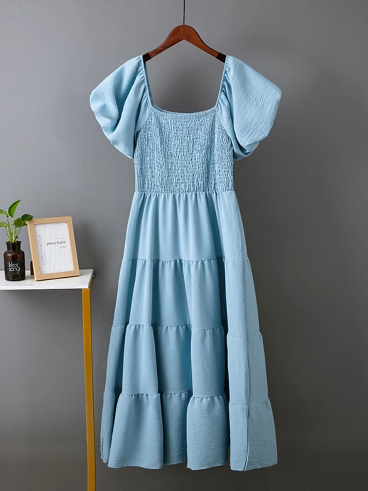 Elegant Solid Lange Jurken Zomer Nieuwe Sexy Backless Slash Hals Elastische Jurk Vrouwen Hoge Taille Bladerdeeg Mouwen Maxi Jurk Elegante