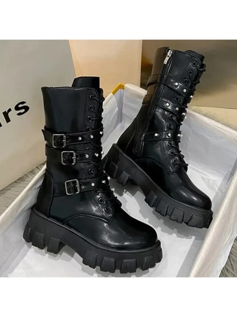 Gothic Dameslaarzen Mode Punk Motorlaarzen 2025, Herfst Winter Vrouwen Antislip Laarzen Platform Hak Dames Schoen Botas Mujer