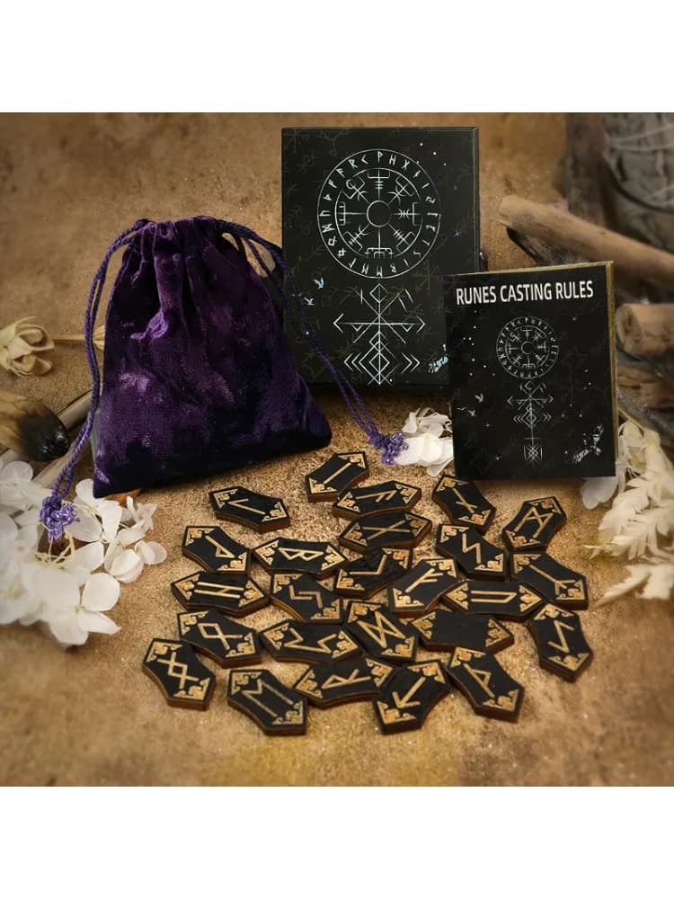 Houten Rune Stone Set 25st Viking Noorse Waarzeggerij Kit met Gids Boek Fluwelen Tas Spirituele Runen Beginners Meditatie Ritueel