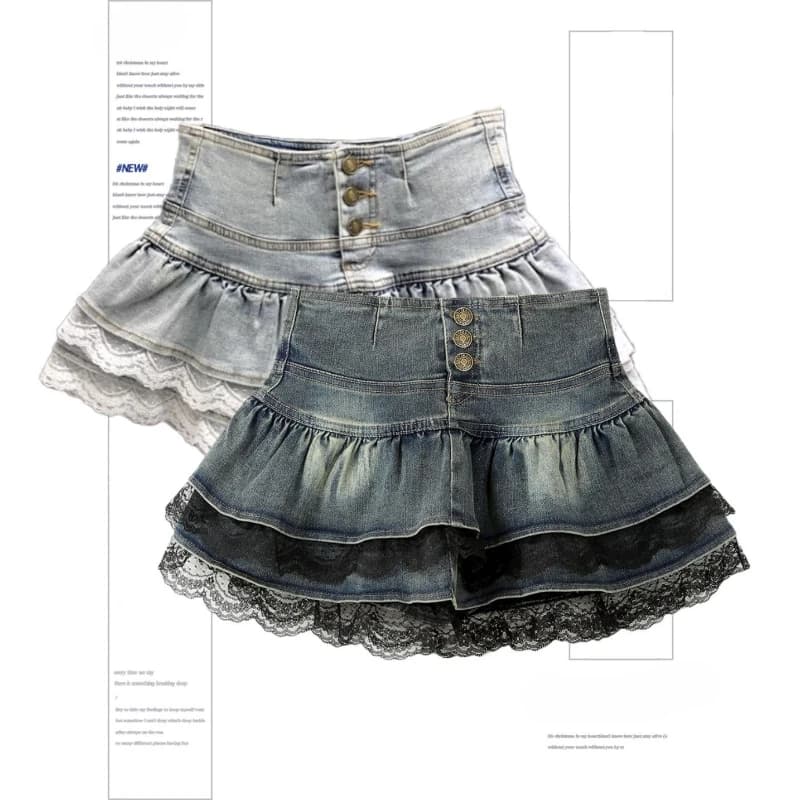 Vrouw Vintage Denim Plooirok Kant Vouw Ontwerp A-lijn Korte Rok Ingebouwde Shorts American Spicy Girl Korea Fashion Hotsweet