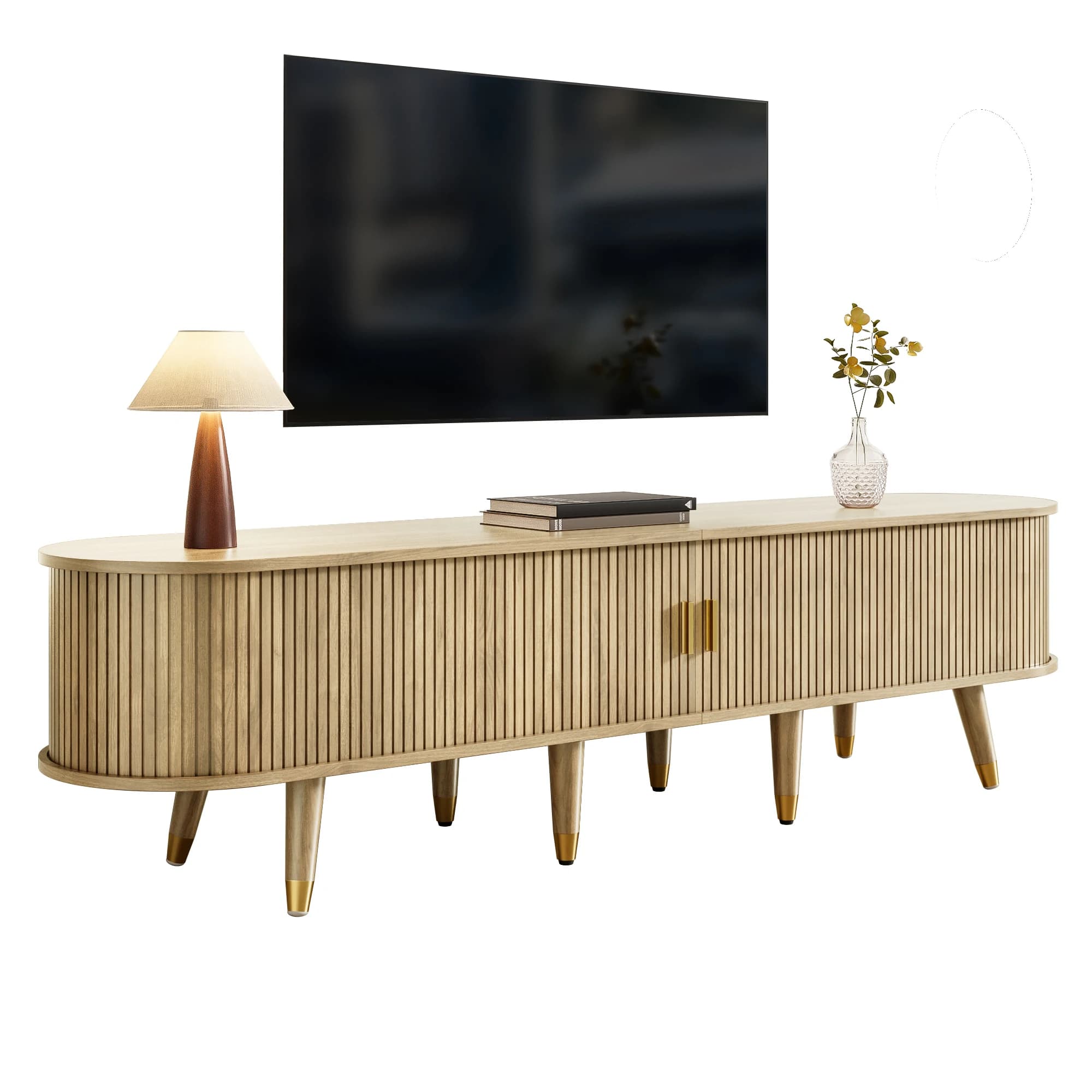 OkwishMeuble TV - 2 Schuifdeuren - 2 Laden - Open Planken - MDF - Eiken