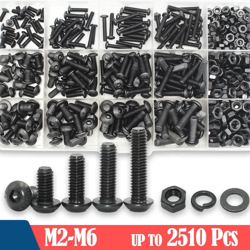 Ronde zeskantboutset 2510p M2 M2.5 M3 M4 M5 M6 Zwart 10.9 Graad Inbusbout Kopbout Schroeven Moer Ring ISO7380