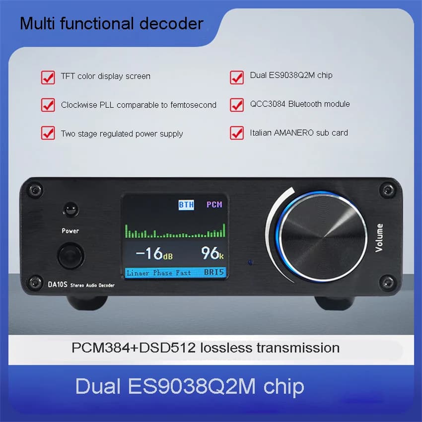 DA10S Dual ES9038 DSD512 Bluetooth 5.4 USB Decoder HIFI Koorts DAC ES9038Q2M Dual Parallel DC12V/1A