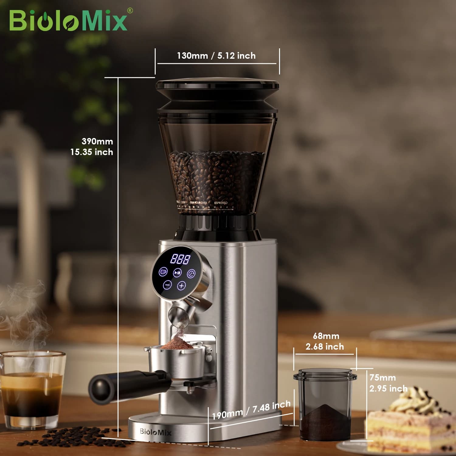BioloMix Professionele Conische Braammolen 48 Verstelbare Instellingen met Afneembare Houder voor Espresso Drip en Franse Pers
