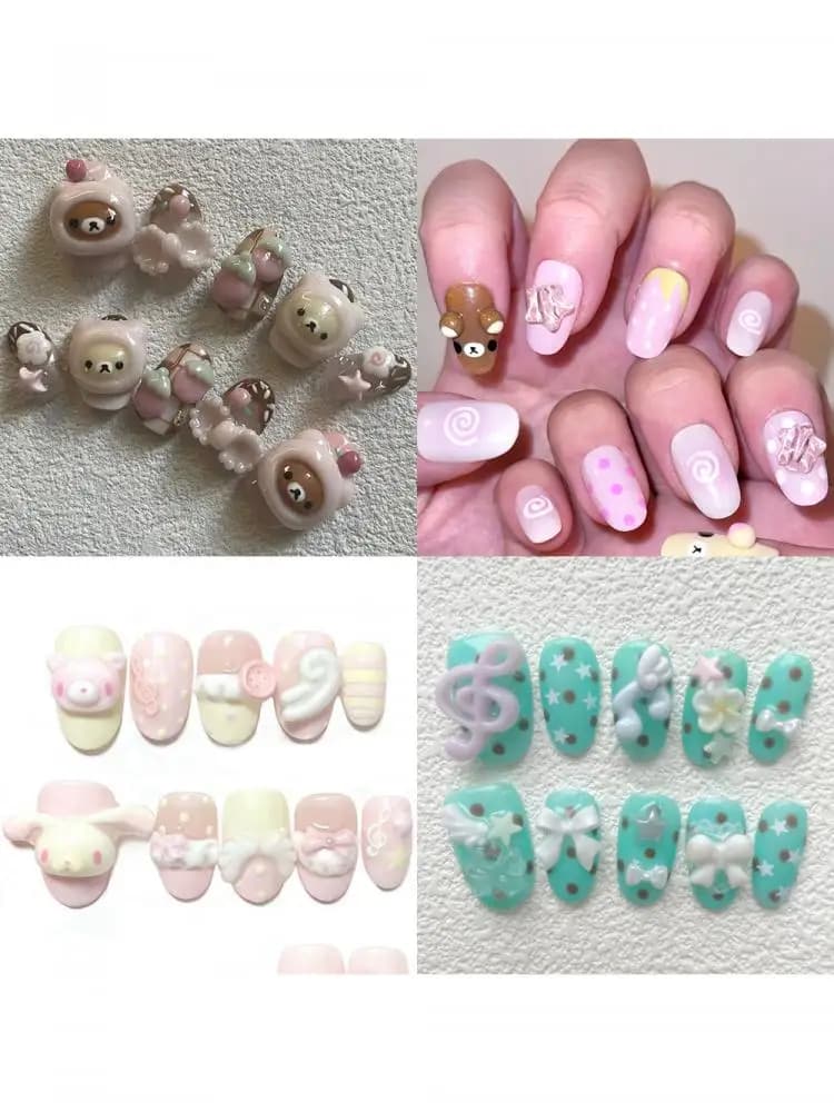 Zoete schattige cartoon Rilakkuma kat konijn handgemaakte pers op nagels Kawaii strik vleugels aardbei parel diamant volledige dekking nagels