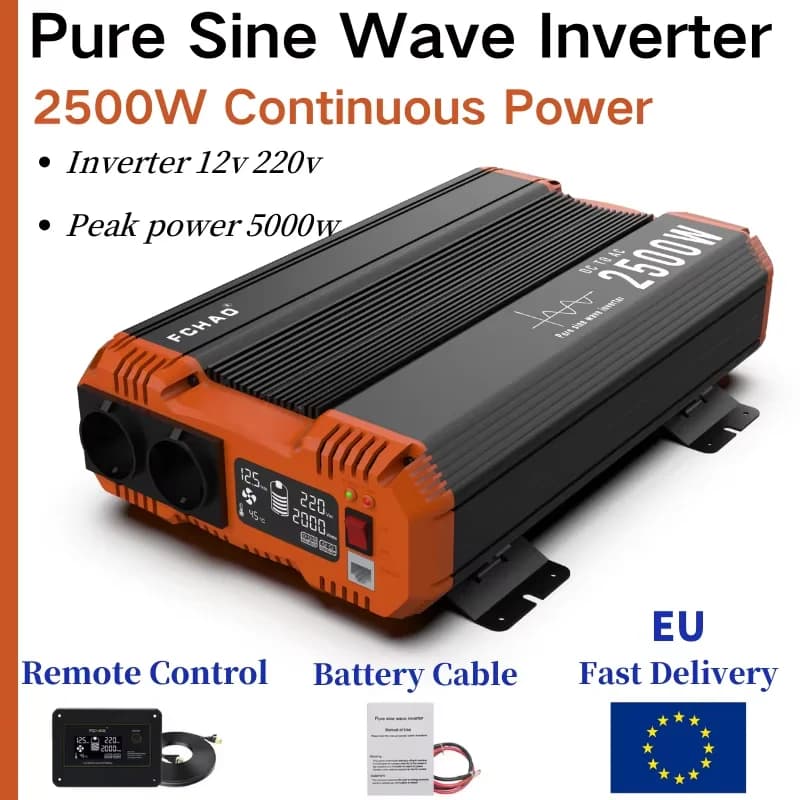 FCHAO 2500W Zuivere Sinusgolf Auto-omvormer - Converter 12V naar 220V 50Hz, EU-stekker voor thuis- en campergebruik met afstandsbediening en
